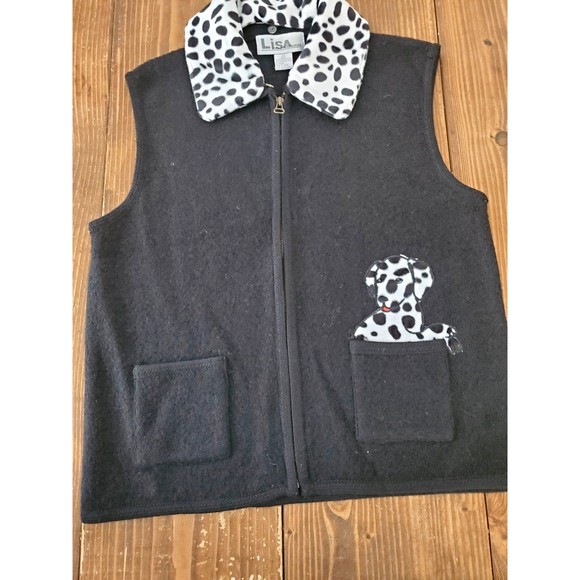 Lisa International Black Wool Dalmation Puppy Spotted Zipup Vest Size Large - Picture 1 of 6